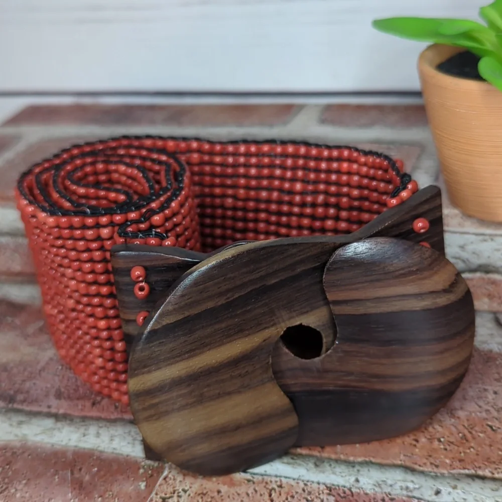Vtg Glass Bead Wood Stretchy Elastic Belt Burnt Orange‎ Belt Women OS Bohemian